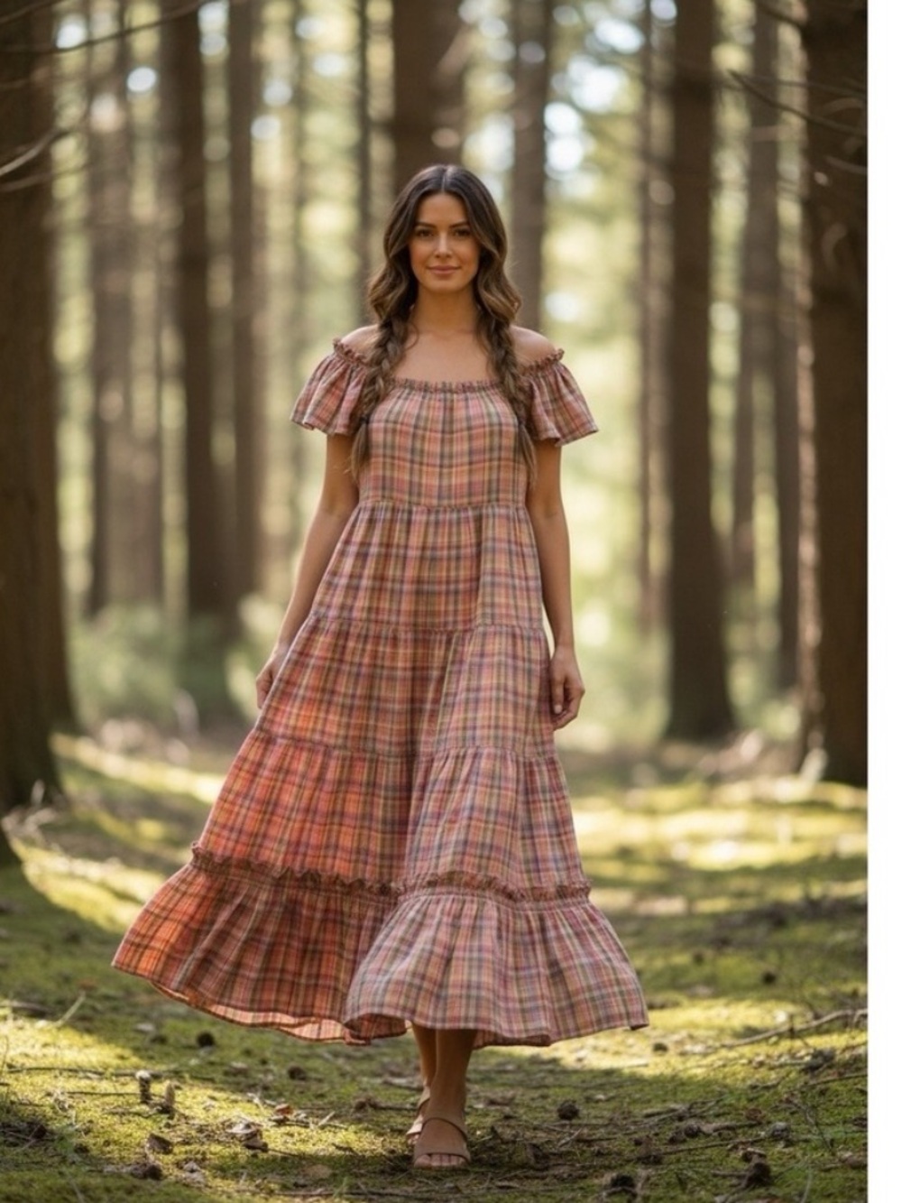 The Great The Nightingale Cotton Tiered Flutter Sleeve Plaid Maxi Dress Sz 1 Sm